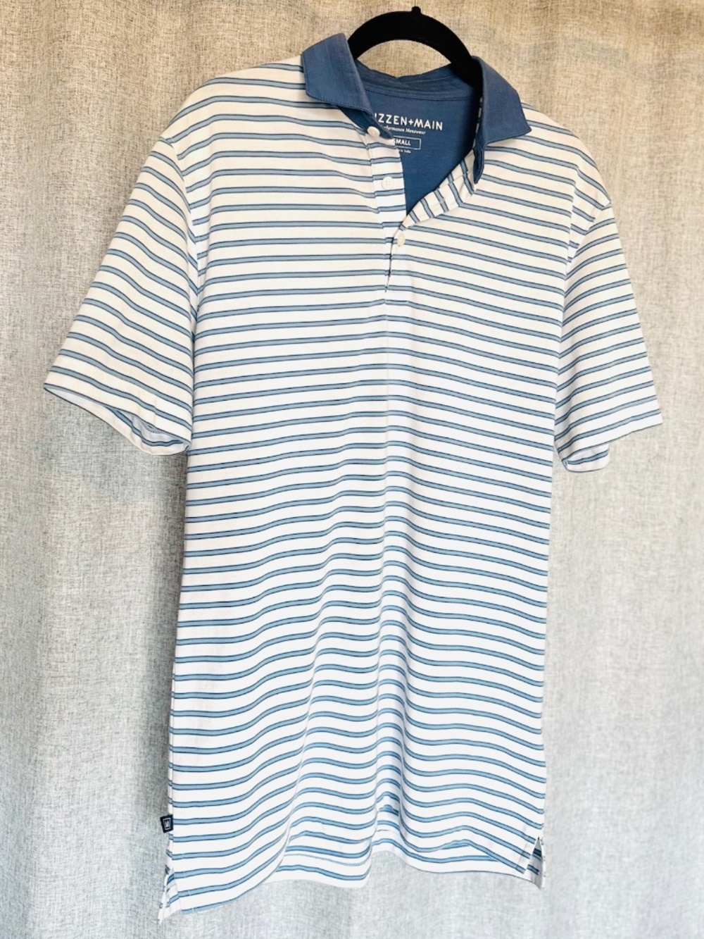 Mizzen + Main Shirt Men's Small Polo Blue White Striped Short Sleeve Golf Preppy